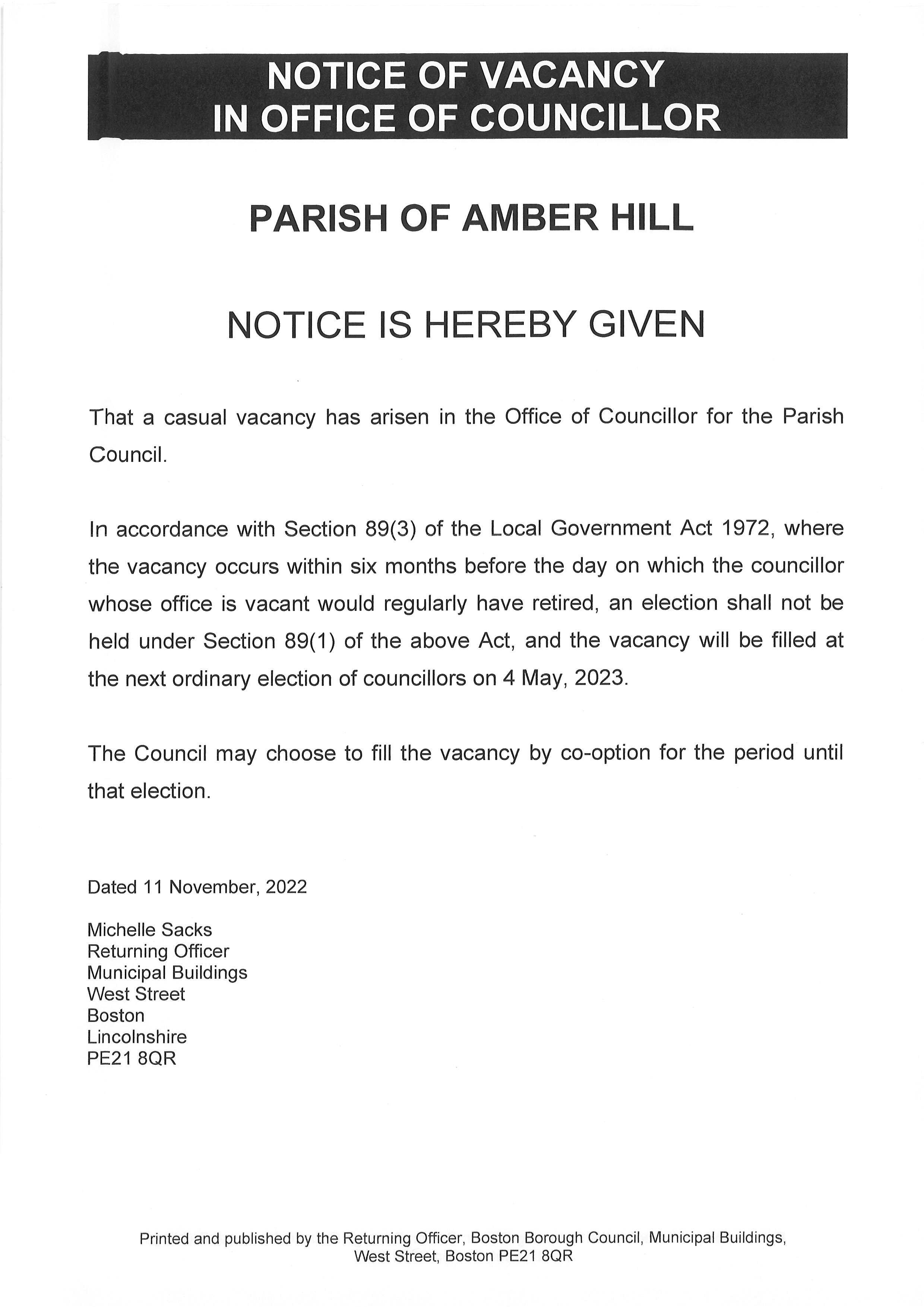 Parish Council notice of vacancy